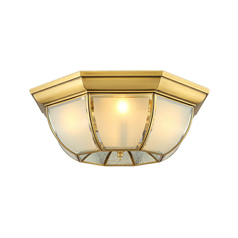 Brass Flushmount Light With Minimalist Bowl Shape & Frosted Glass Pane Sleek Ceiling Fixture