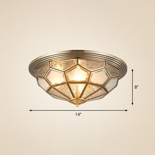 Colonial Style Dome Aisle Ceiling Light - Brass Flush Mount Lamp With Frosted Glass 3 /