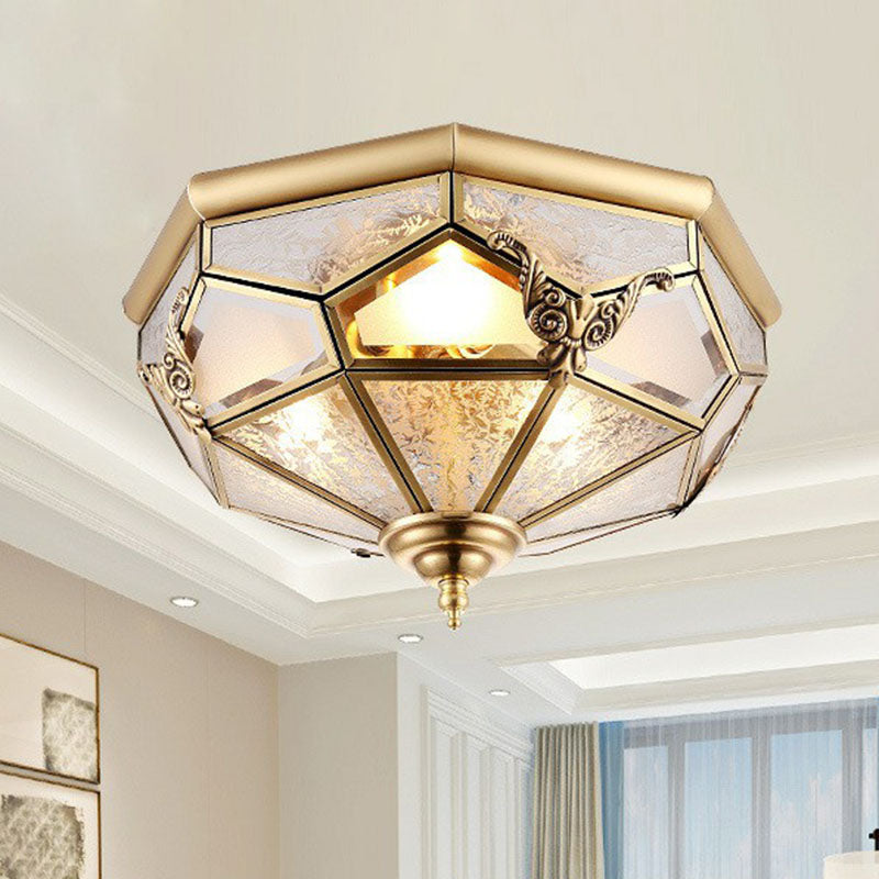 Antique Brass Dining Room Ceiling Lamp With Polygon Semi - Opaque Flush Mount Shade