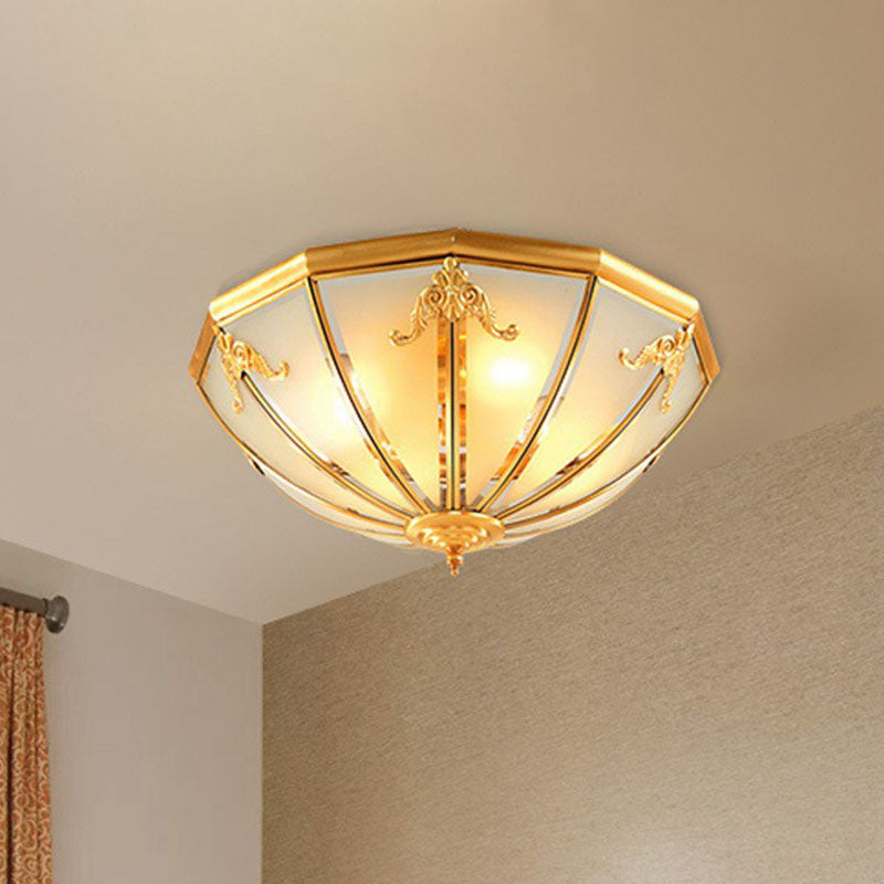 Colonial Style 3 - Light Hemispherical Brass Ceiling Light With Frosted White Glass - Flush Mount