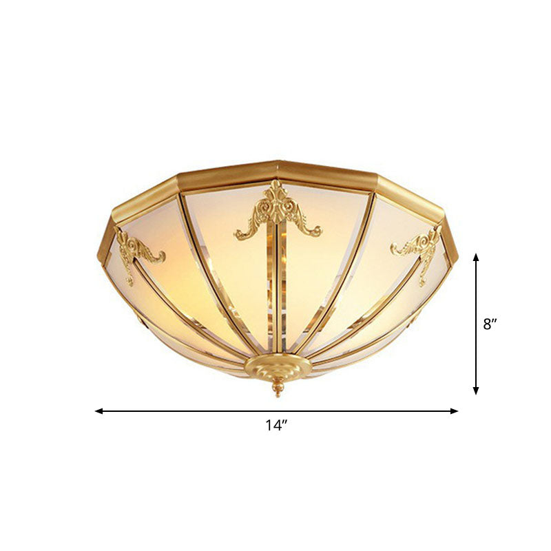 Colonial Style 3-Light Hemispherical Brass Ceiling Light With Frosted White Glass - Flush Mount Lamp