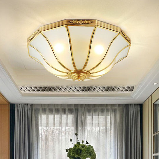 Opaline Glass Bell Shaped Flush Mount Ceiling Light In Brass - Traditional Lamp For Corridors