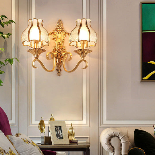 Brass Wall Lamp With Beveled Glass Flared Shade - Simplicity Corridor Light Fixture 2 /