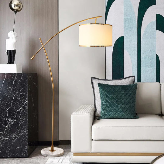 Minimalist 1-Light Fabric Floor Lamp With Marble Base In White