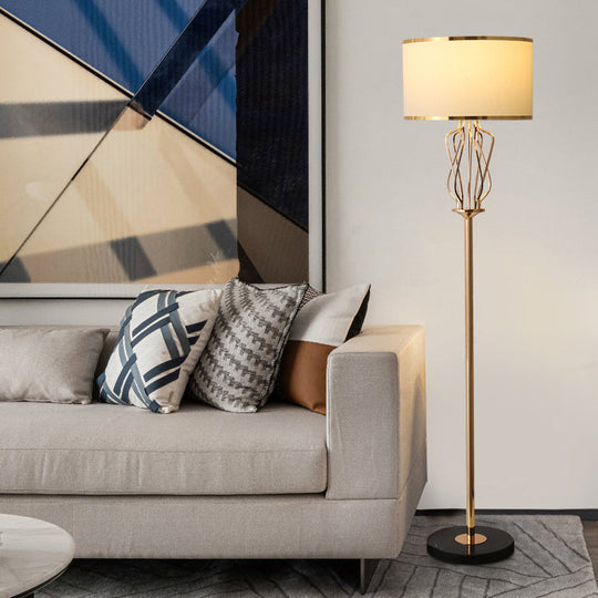 Classic Style Round Fabric Floor Lamp With 1 Head Brass Finish Ideal For Living Room Lighting