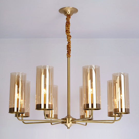 Modern Brass Pendant Light: Tubular Up Chandelier For Living Room - Glass Hanging Fixture 8 / Amber