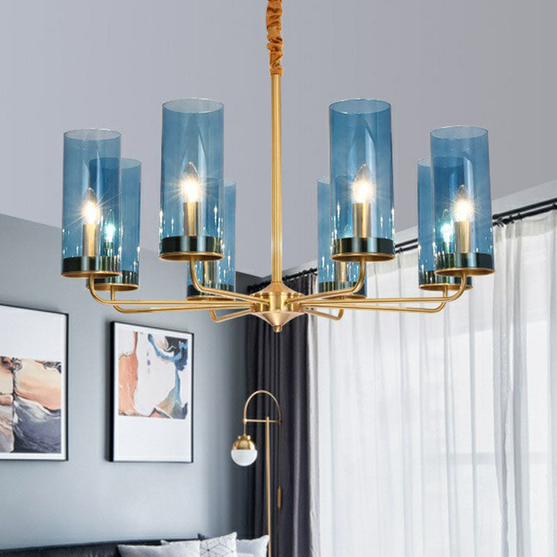Modern Brass Pendant Light: Tubular Up Chandelier For Living Room - Glass Hanging Fixture 8 / Blue