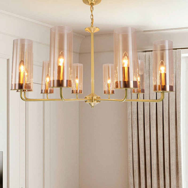 Modern Brass Pendant Light: Tubular Up Chandelier For Living Room - Glass Hanging Fixture 10 / Amber