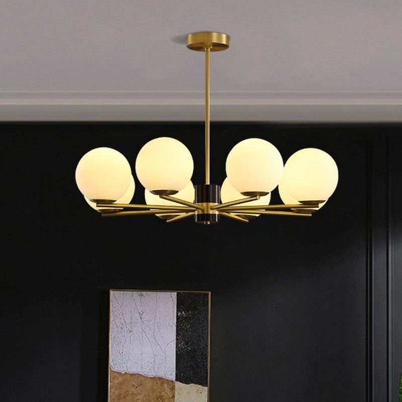 Gold-Finished Radial Design Chandelier With Milk Glass Globe For Stylish Hanging Light