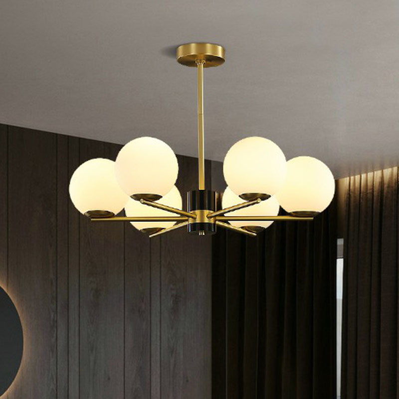 Gold-Finished Radial Design Chandelier With Milk Glass Globe For Stylish Hanging Light