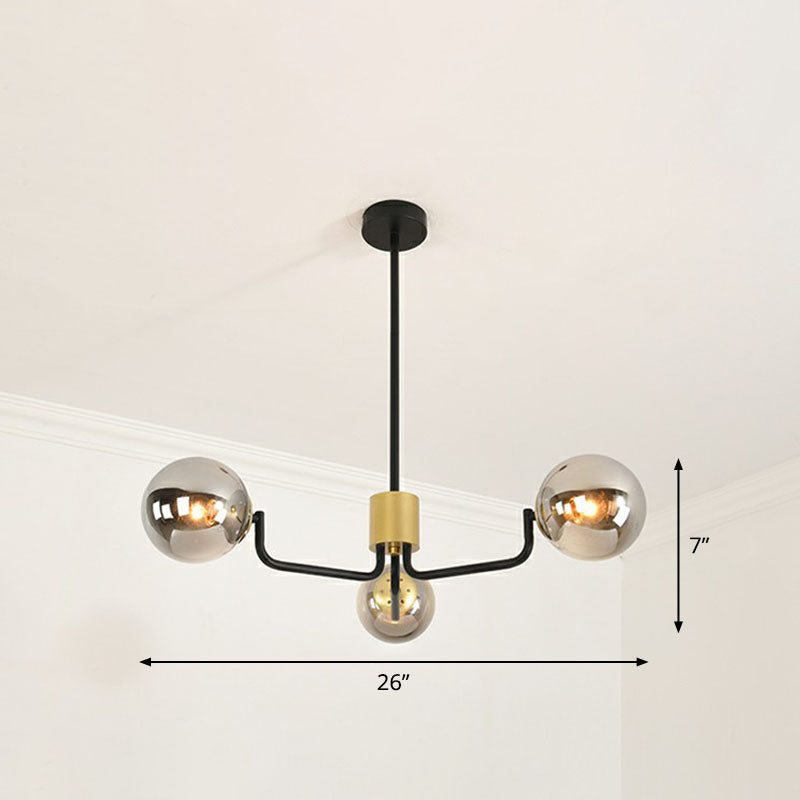 Radial Suspension Light - Contemporary Metal Chandelier With Glass Ball Shade 3 / Black Smoke Grey