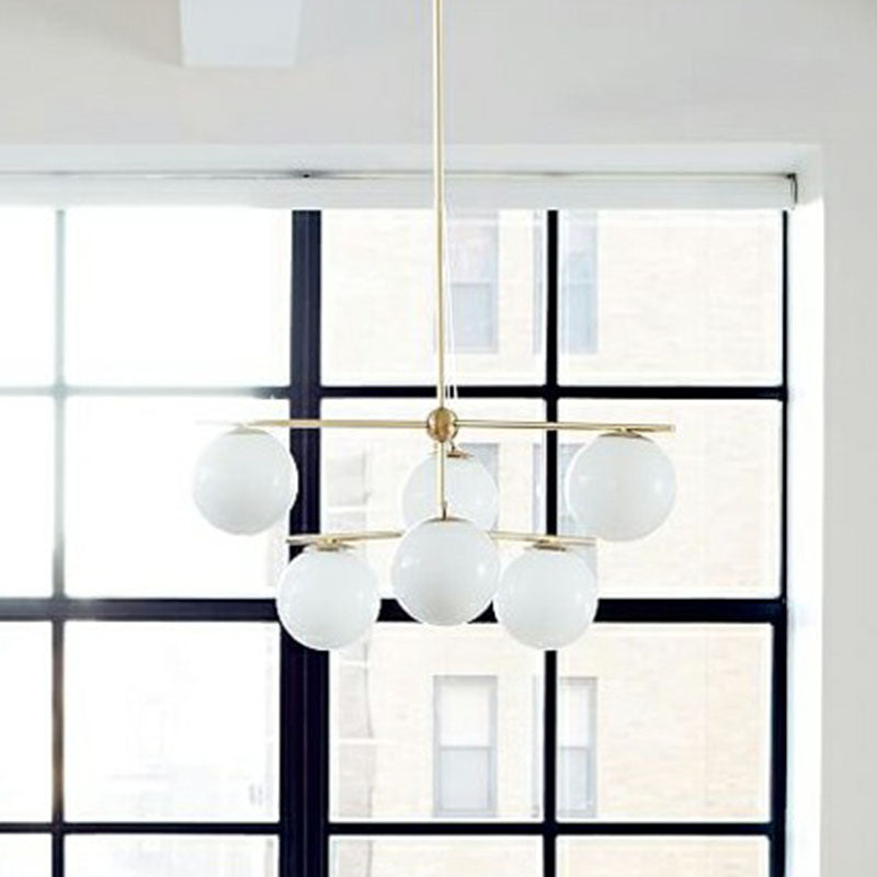 Modern White Glass Globe Chandelier - 6 Gold Heads Ceiling Light Fixture For Living Room