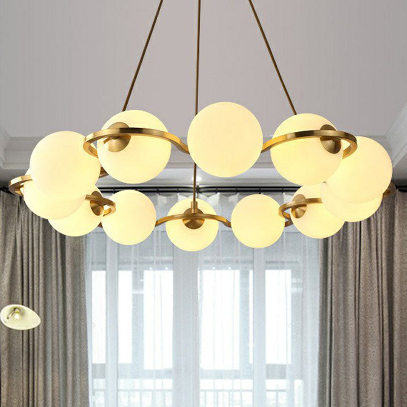 Modern Brass Floral Ring Chandelier With Glass Shade: Ball Metal Hanging Light