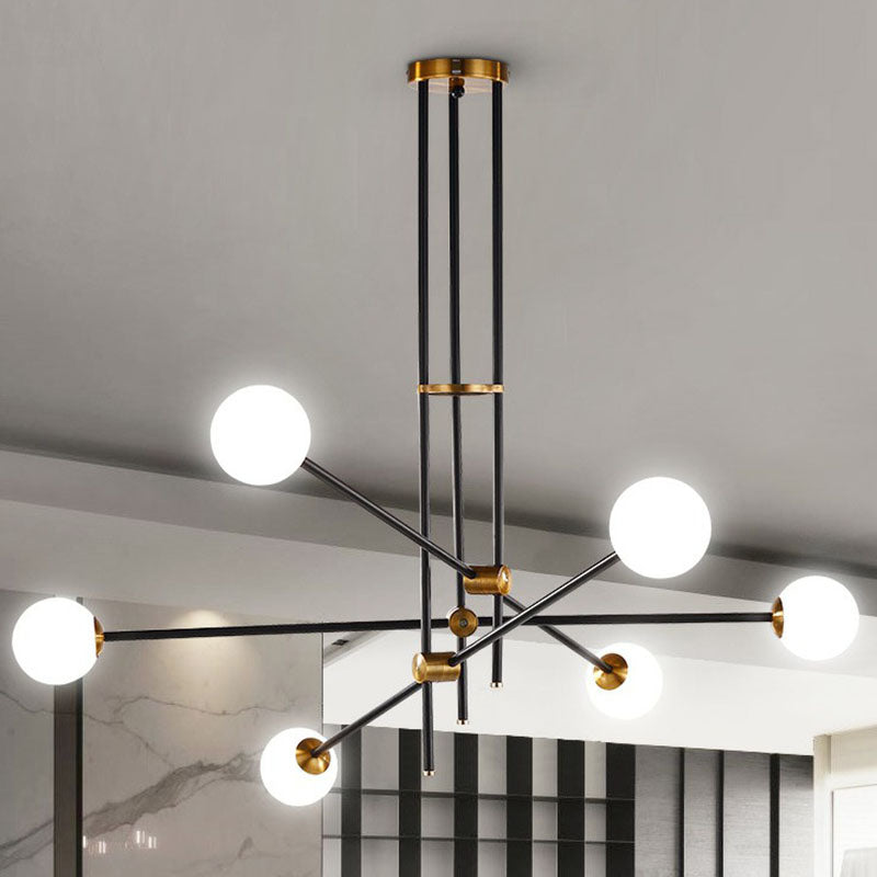 Sleek Black Metal Linear Chandelier With Ball White Glass Shade - Perfect For Living Room Pendant