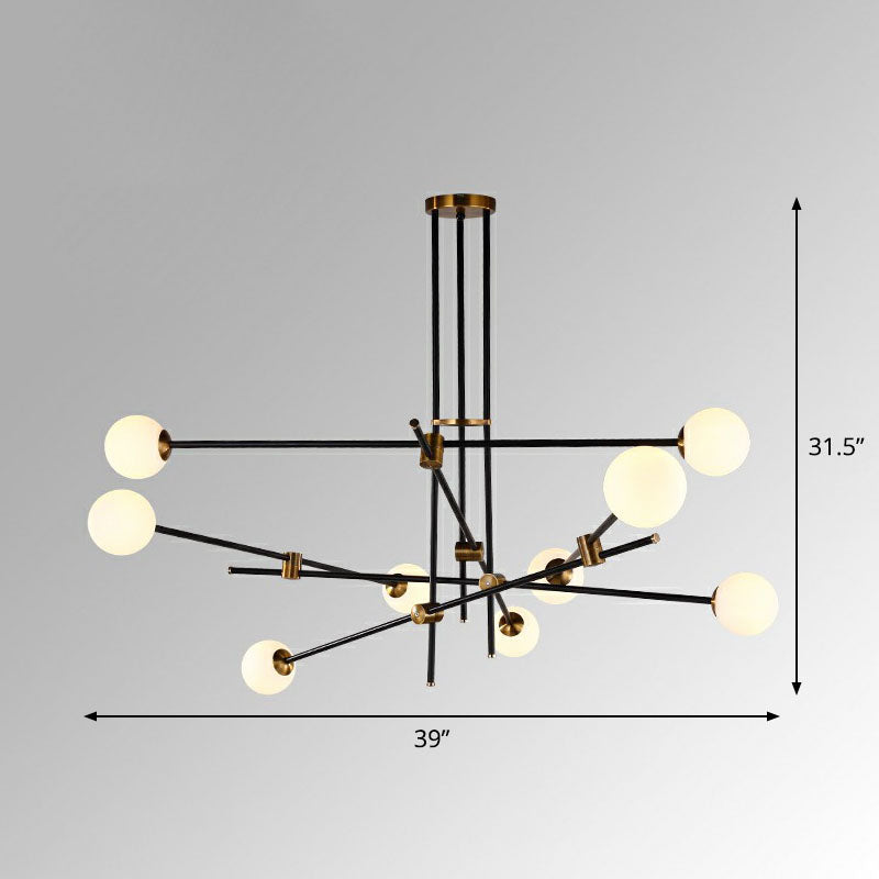Sleek Black Metal Linear Chandelier With Ball White Glass Shade - Perfect For Living Room Pendant