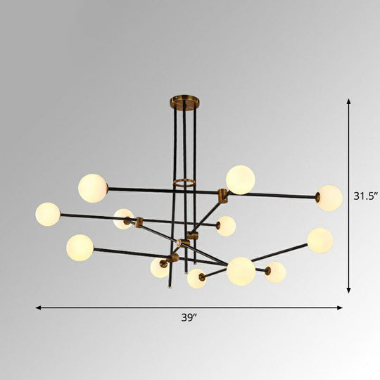 Sleek Black Metal Linear Chandelier With Ball White Glass Shade - Perfect For Living Room Pendant