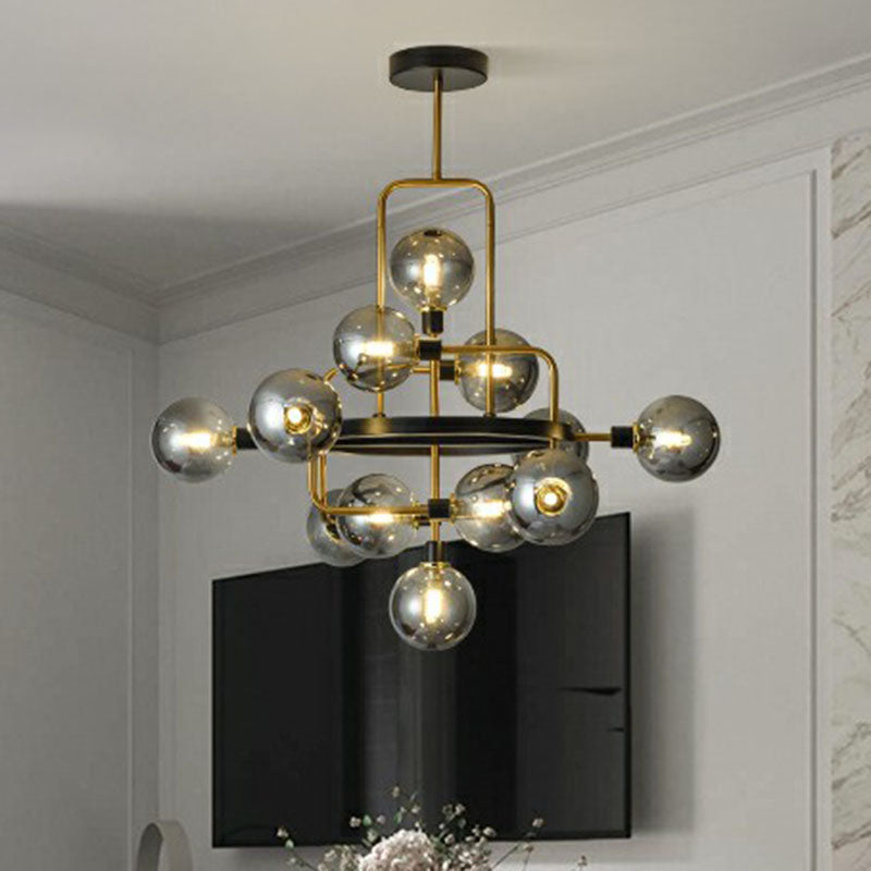 Modern Black And Brass Glass 3D Atomic Chandelier: 12-Bulb Suspension Light