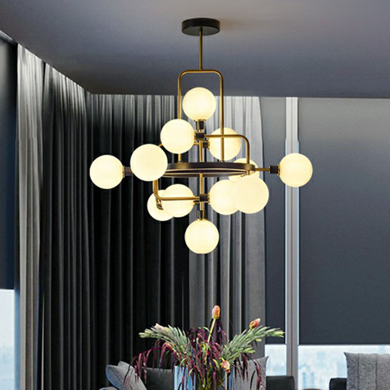 Modern Black And Brass Glass 3D Atomic Chandelier: 12-Bulb Suspension Light