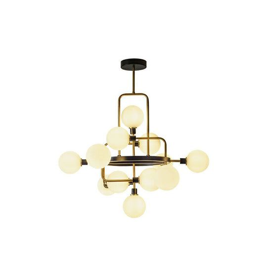 Modern Black And Brass Glass 3D Atomic Chandelier: 12-Bulb Suspension Light White