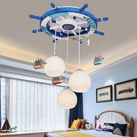Cartoon Cream Glass Globe Flush Ceiling Light 3 Bulb Child Room Led Mount With Rudder Decor Blue /
