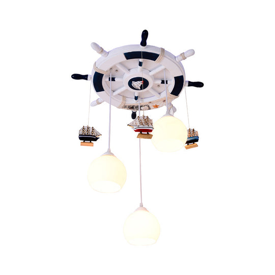Cartoon Cream Glass Globe Flush Ceiling Light – 3 Bulb Child Room Led Mount With Rudder Decor