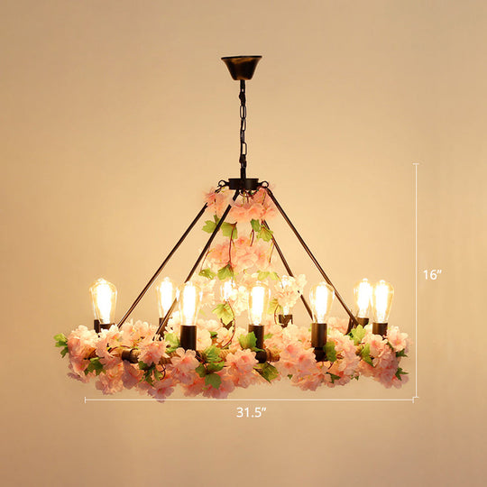 Farmhouse Wagon Wheel Chandelier With Plant Decor For Dining Room 10 / Pink