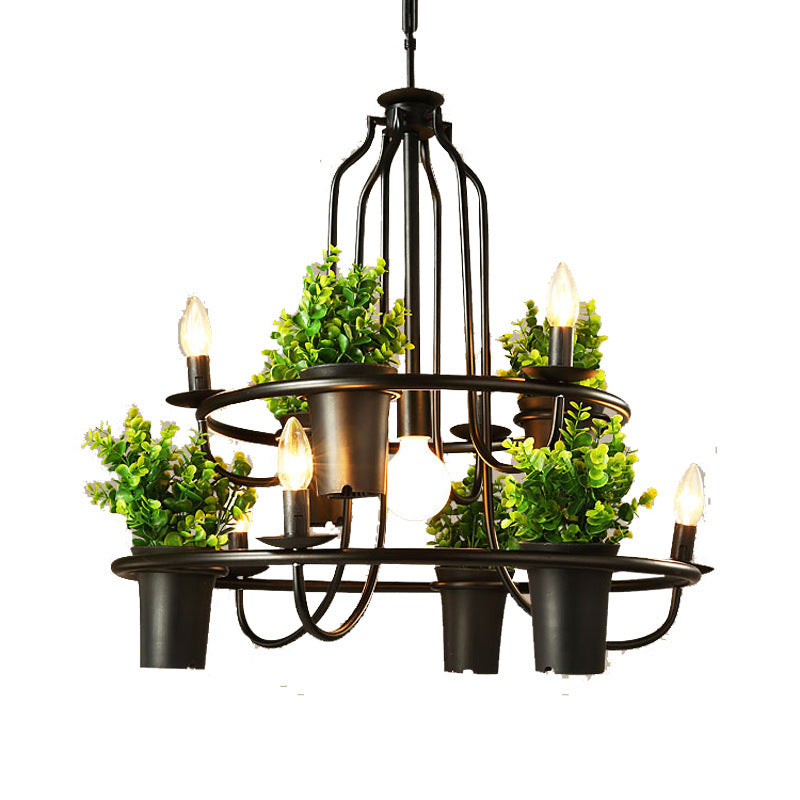 Country Metallic 4-Light Green Pendant Chandelier With Leaf Decoration - Circle Dining Room Light