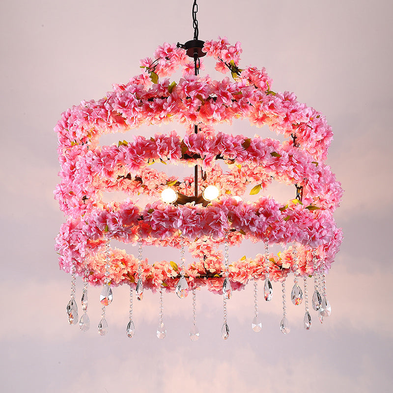 Cherry Wreath Chandelier - 6-Bulb Loft Style Pink Metallic Ceiling Light With Crystal Deco