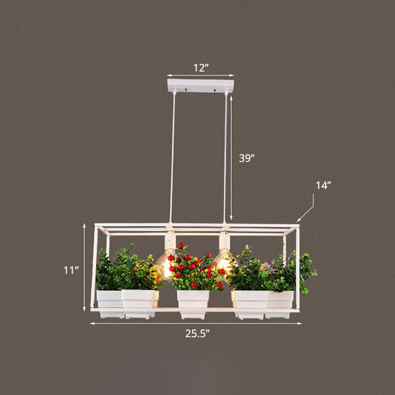 Metal 2-Head Rectangle Pendant Light Fixture For Restaurants With Hanging Artificial Bonsai