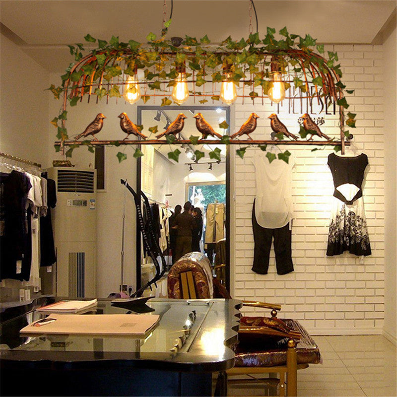 Rustic Island Ceiling Light With Cast Iron Birdcage Fixture Bird & Leaf Deco