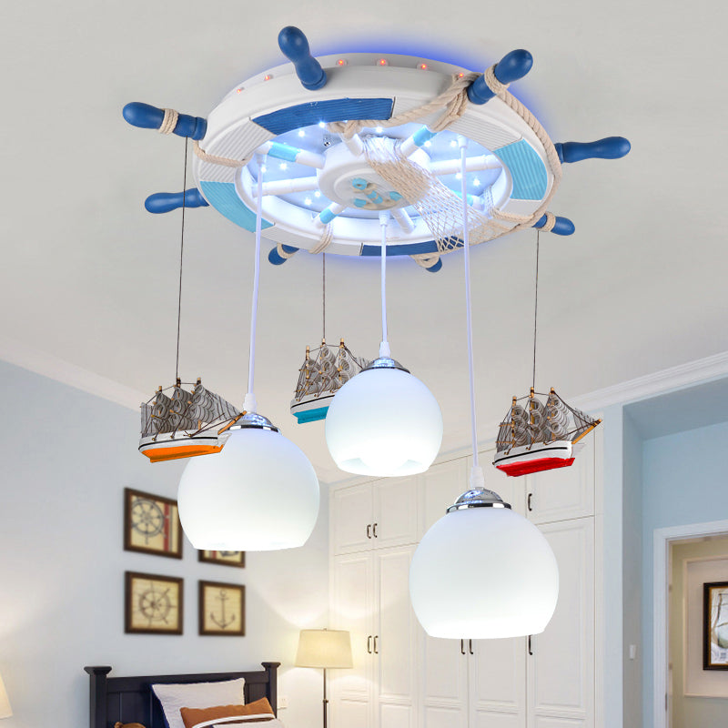 Cartoon 3 Bulb Cream Glass Dome Ceiling Light Flush Mount With Rudder Canopy (White)
