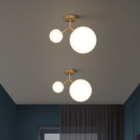 Sleek Gold Semi Flush Mount Ceiling Light With Minimalist Milky Glass - 2-Head Flushmount Lighting