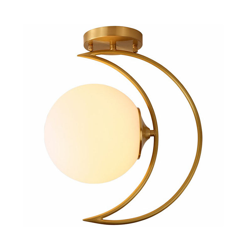 White Glass Semi Flush Ceiling Light With Nordic Style Gold Crescent Design