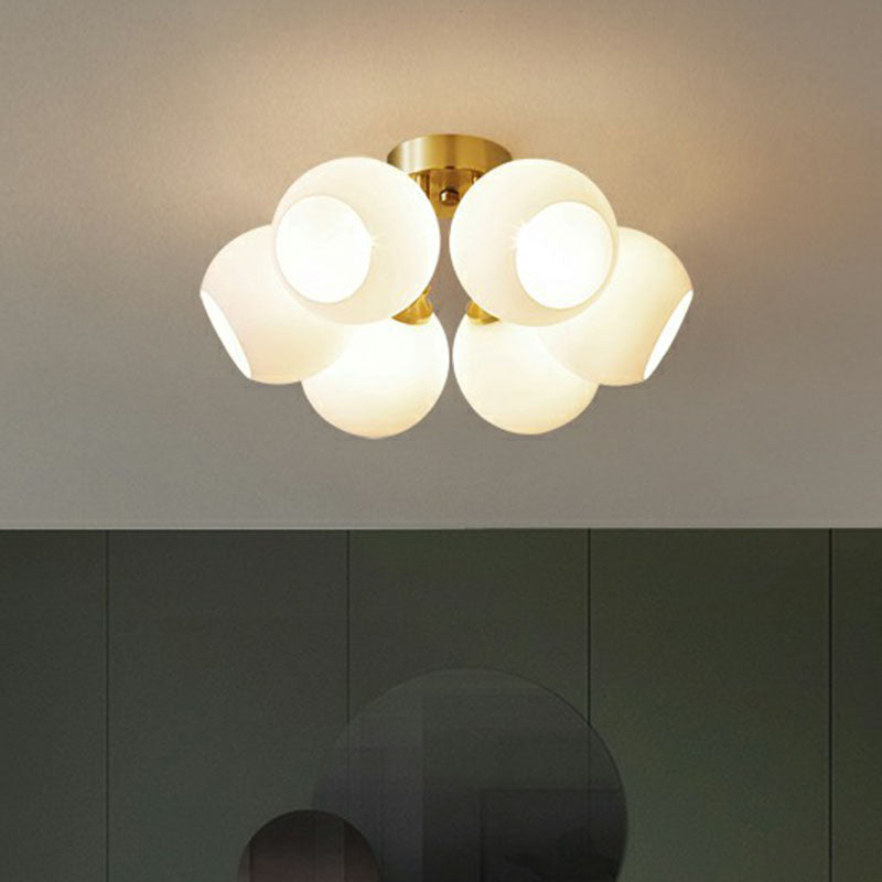 Gold Plated Semi-Flush Ceiling Light With Milky Glass Dome For Bedroom