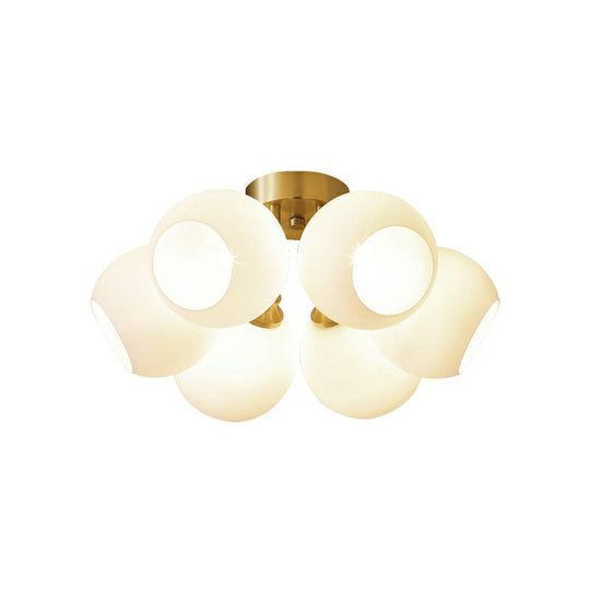 Gold Plated Semi-Flush Ceiling Light With Milky Glass Dome For Bedroom 6 /