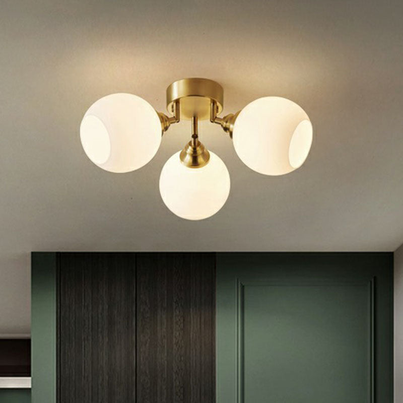Gold Plated Semi - Flush Ceiling Light With Milky Glass Dome For Bedroom