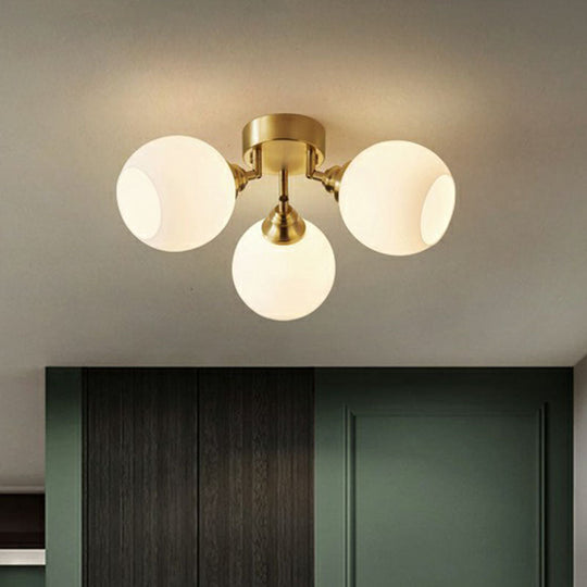 Gold Plated Semi-Flush Ceiling Light With Milky Glass Dome For Bedroom