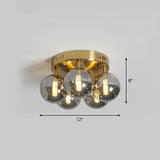 Postmodern Ball Smoke Grey Glass Ceiling Lamp With Gold Finish - Semi Flush Light Fixture (5 Lights)
