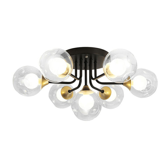 Modern Black Semi - Flush Mount Ceiling Light With Clear And Frosted White Glass Ball - Ideal For