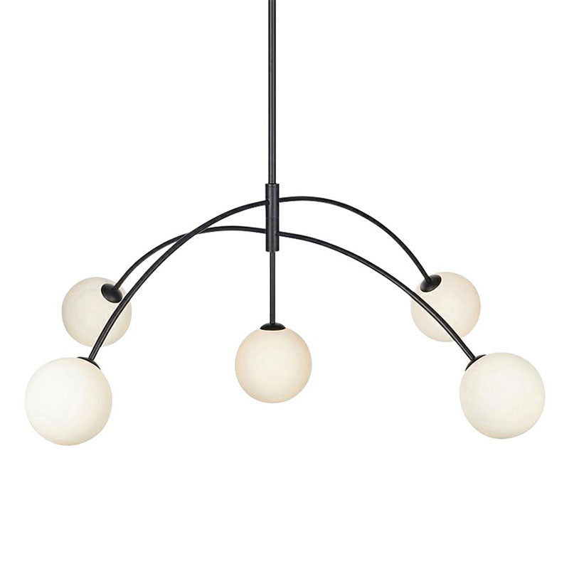 Modern Black Arc-Shaped Suspension Lamp With 5 Head Milky Ball Glass Chandelier - Dining Room