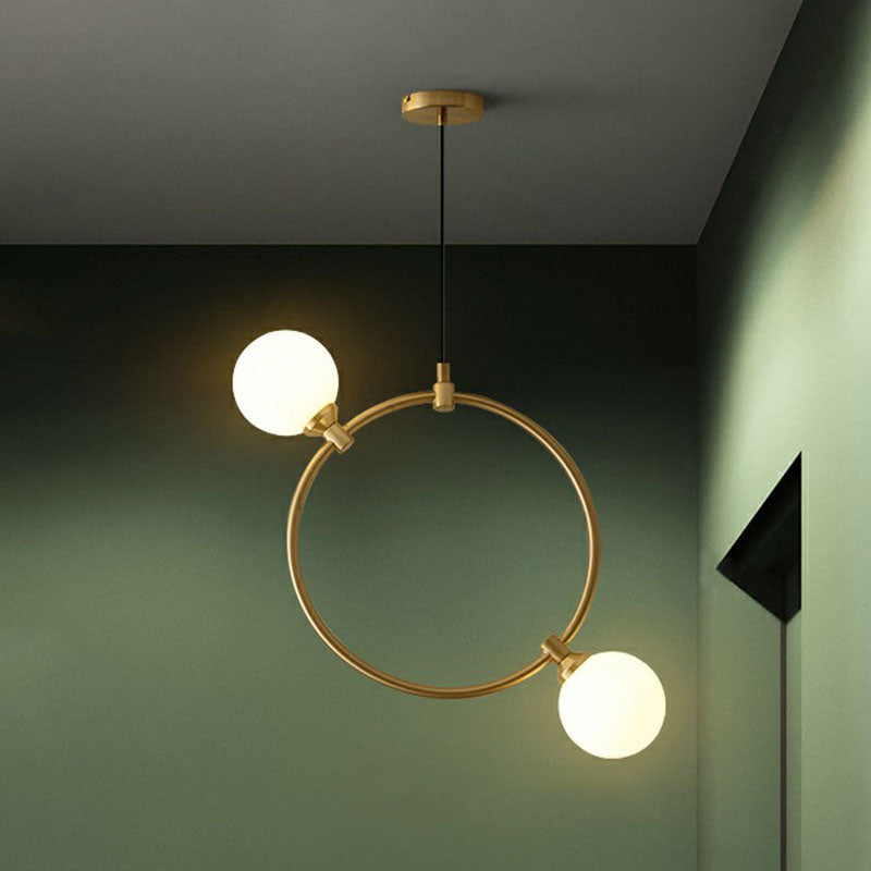 Opal Glass 2-Bulb Ball Pendant Chandelier - Simple Style Dining Room Ceiling Light In Gold