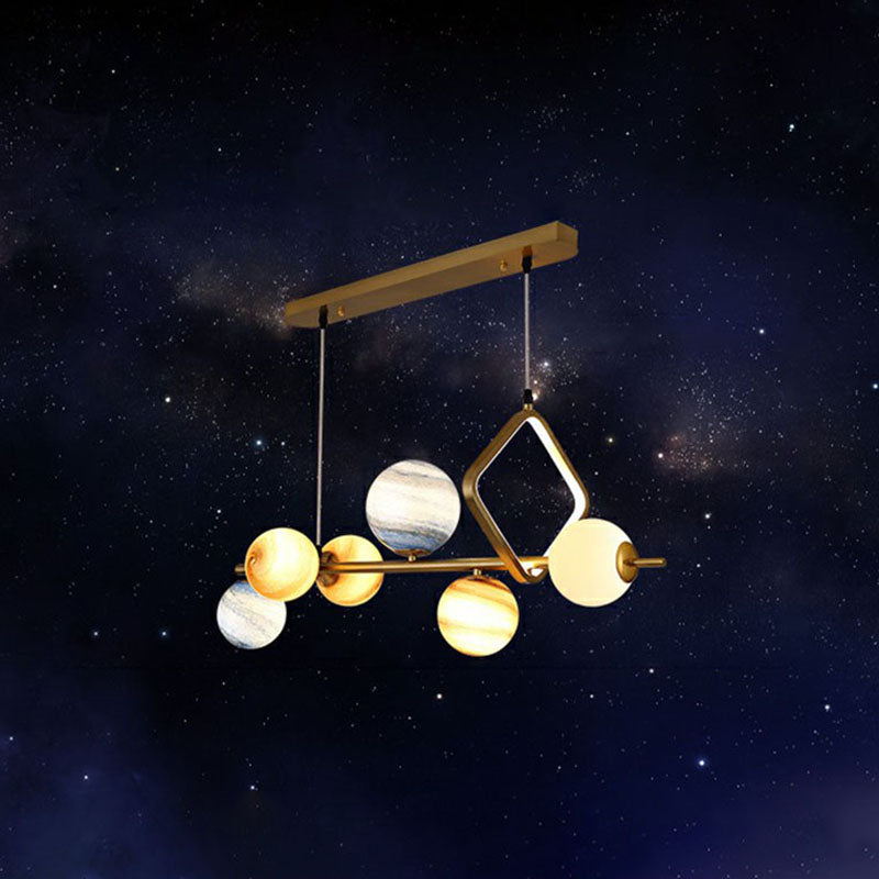 Gold Stained Glass Nordic Planet 7-Head Hanging Light For Dining Room