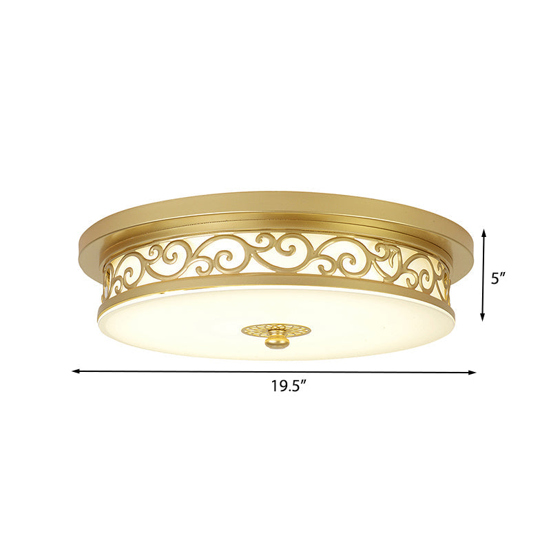 Gold Drum Flush Mount Led Lamp With Classic White Glass - Ideal Living Room Ceiling Light In Or