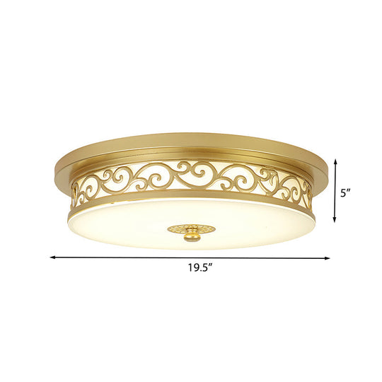 Gold Drum Flush Mount Led Lamp With Classic White Glass - Ideal Living Room Ceiling Light In Or