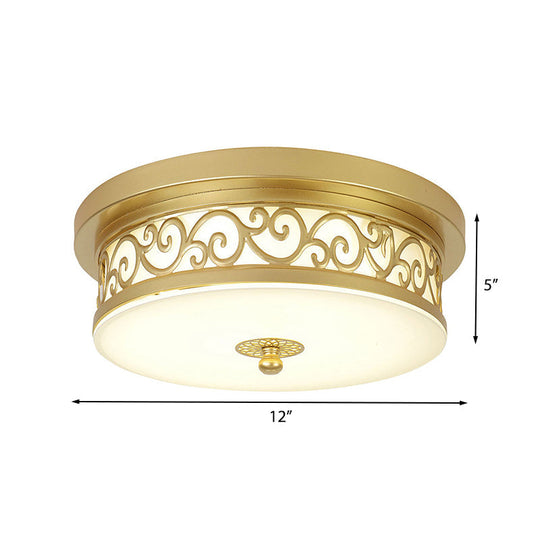Gold Drum Flush Mount Led Lamp With Classic White Glass - Ideal Living Room Ceiling Light In Or