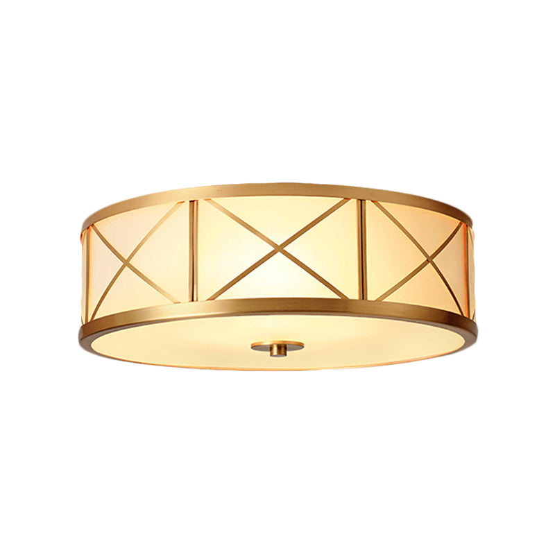 Traditional White Glass Drum Dining Room Flushmount Light With Brass Accent 4 Lights 11’/14’/18’ W