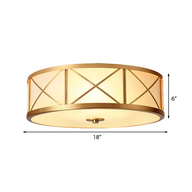 Traditional White Glass Drum Dining Room Flushmount Light With Brass Accent 4 Lights 11’/14’/18’ W