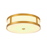 Traditional Brass Drum Flush Mount Ceiling Light Fixture With White Glass - 4 Lights 14’/18’ Width