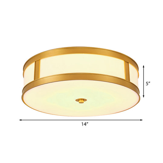 Traditional Brass Drum Flush Mount Ceiling Light Fixture With White Glass - 4 Lights 14’/18’ Width