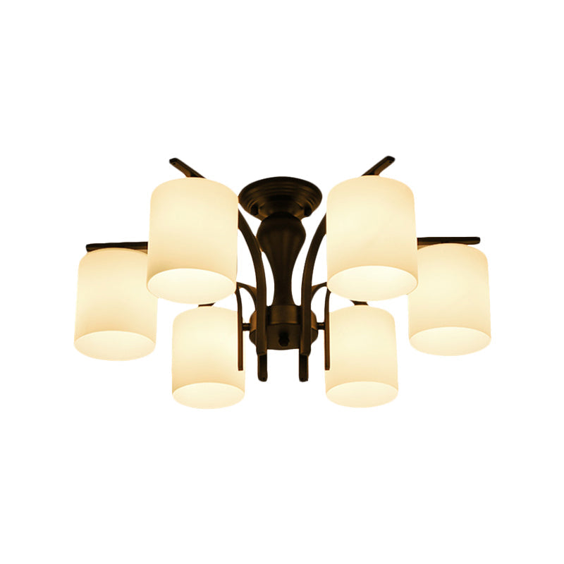 Traditional Black Semi Flush Mount Ceiling Light With Frosted Cylinder Glass Shades - Ideal For